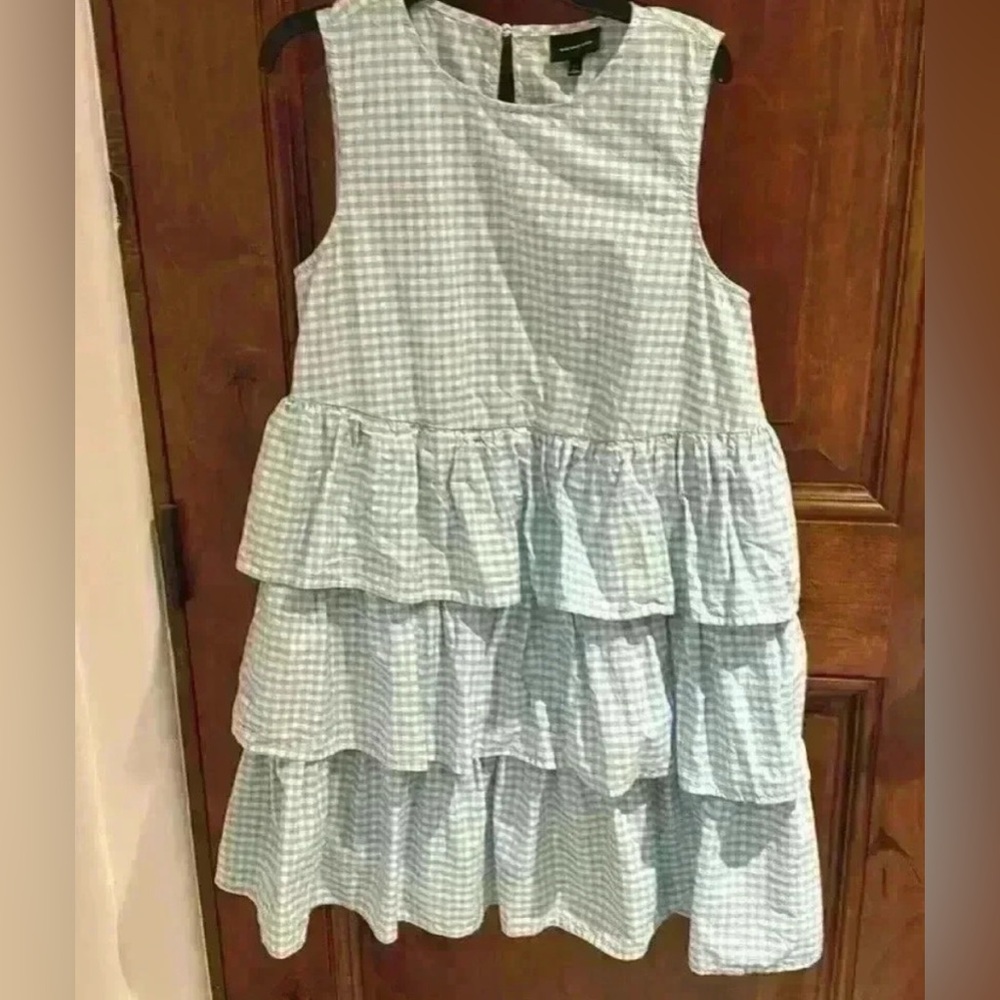 Who What Wear empire waist ruffled sleeveless dress light blue/white gingham XS
